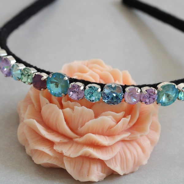 Swarovski and Czech crystal rhinestone beaded Alice band headband. Lilac, turquoise, purple and mint mermaid tones.