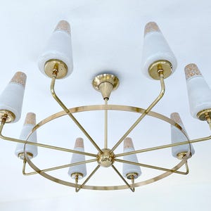 Vintage Italian Glass Chandelier, Brass,  Mid Century Fixture Lamp