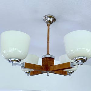 Art Deco Pendant Light, Wood, Opaline Glass & Brass Chandelier