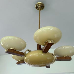 Large Art Deco Pendant Light, Wood, Opaline Glass & Brass Chandelier