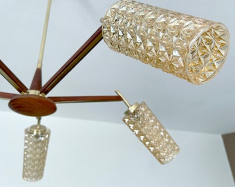 Vintage  Pendant Light,  Mid Century Retro Design Scandinavian Danish Modern Chandelier Teak Glass