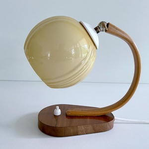 French Art Deco Glass Table Lamp,  Wood, Vintage Antique Light