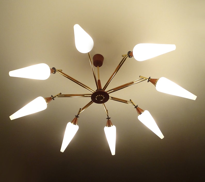 Mid Century Chandelier Danish Modern Sputnik Very Large Vintage Teak Brass Glass Light Fixture Lamp Pendant 60s