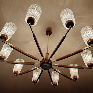 Xtra grote vintage Deense glazen hanglamp, teakmessing, hanglamp uit het midden van de eeuw