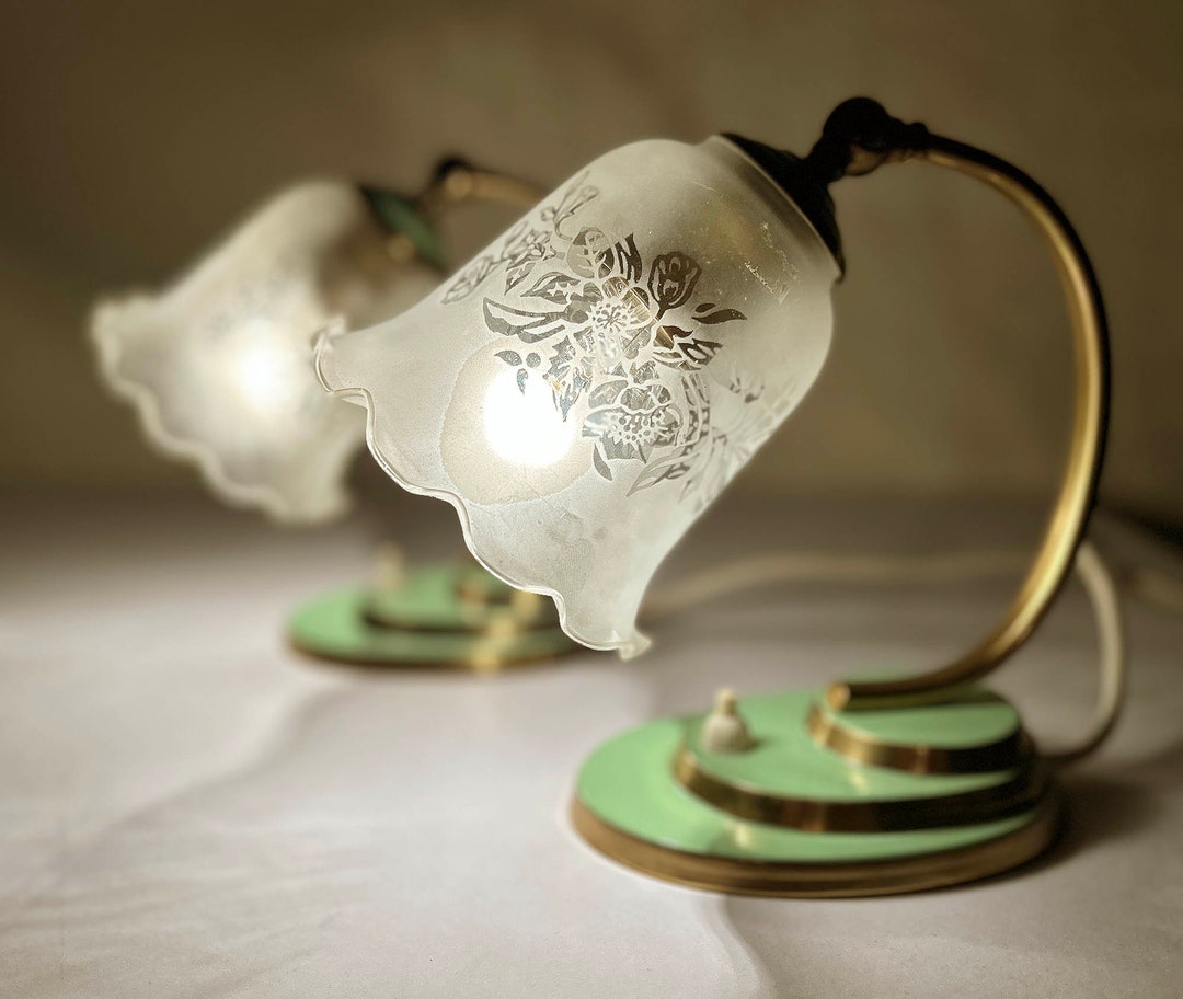 French Art Deco Bedside Lamps, Pair Vintage Table Nightstands Lights, Green, Opaline Glass