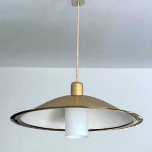 Large Danish Glass Pendant Light, Brass,  Mid Century Fixture Lamp