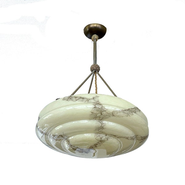 Stunning Art Deco Pendant Light, Vintage Retro Chandelier, Marble Alabaster Style Glass  Shade, Ceiling Lamp, Brass, 30s,  Antique Nouveau