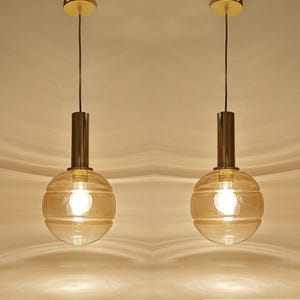 Pair Vintage Glass Pendant Lights, Limburg , Brass, Mid Century