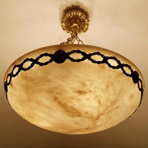 French Art Deco Alabaster Pendant Light,  Bronze Chandelier, Vintage Fixture