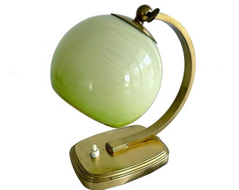 French Art Deco Table Lamp, Vintage Bedside Nightstands Light,  Green Gold, Brass Glass Antique Retro Design, 1940s