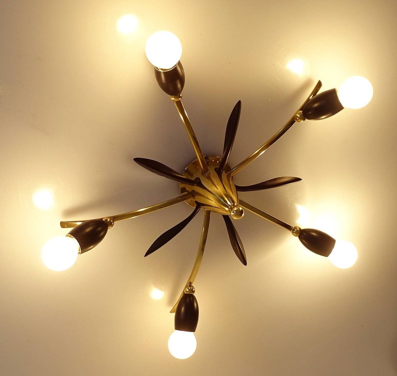 Wonderful Mid Century Stilnovo Chandelier Vintage Sputnik Flush Light Midcentury Space Age Vintage Fixture 50s Brass Gold Black