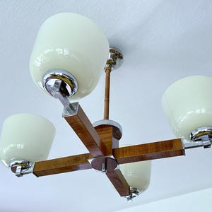 Stunning Large Art Deco Glass Wood Pendant Light, Brass, Antique Fixture Lamp