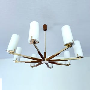 Xtra Large Scandinavian Glass Pendant Light, Wood Brass,  Mid Century Fixture Lamp