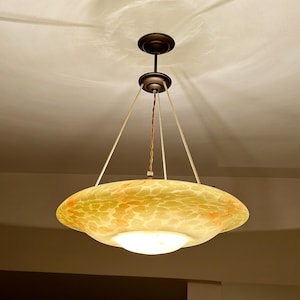 Stunning Large French Art Deco  Glass Pendant Light, Amber, Alabaster Style, Antique Fixture Lamp