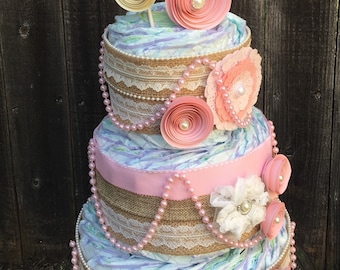 Shabby Diaper Cake-Burlap Diaper Cake-Diaper Cake-Elegant Diaper Cake-Chic Diaper Cake-Girl Diaper Cake-Baby Shower Centerpiece
