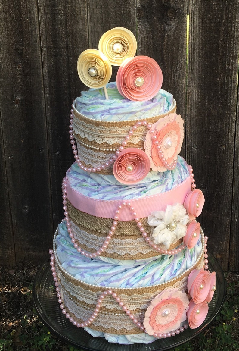 Shabby Diaper Cake-Burlap Diaper Cake-Diaper Cake-Elegant Diaper Cake-Chic Diaper Cake-Girl Diaper Cake-Baby Shower Centerpiece image 1