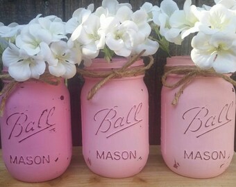 Pink Ombre Mason Jars, Vintage Decor, Rustic, Shabby Chic, Table Centerpiece, Wedding Decor, Baby Shower, Pink Mason Jars, Valentines