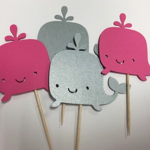 Whale Cupcake Toppers-Birthday Party Decor - Nautical Cupcake Toppers- Set of 12- Pink and Silver Cupcake Toppers- Baby Shower Decor