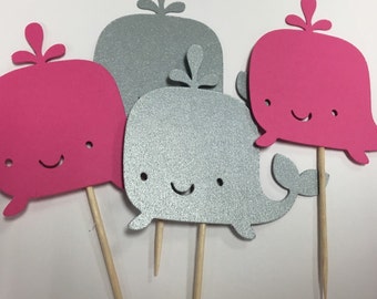 Whale Cupcake Toppers-Birthday Party Decor - Nautical Cupcake Toppers- Set of 12- Pink and Silver Cupcake Toppers- Baby Shower Decor