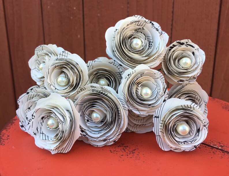 Paper Flowers Paper Flowers with Pearls Musical Sheets-Music Note Paper Flowers Music Sheets Flowers Music Teacher Gift Wedding Decor
