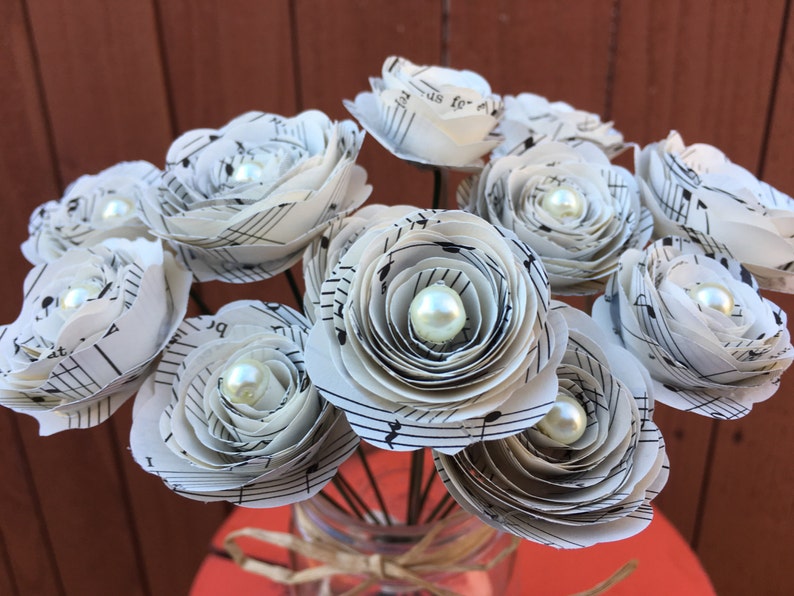 Paper Flowers Paper Flowers with Pearls Musical Sheets-Music Note Paper Flowers Music Sheets Flowers Music Teacher Gift Wedding Decor