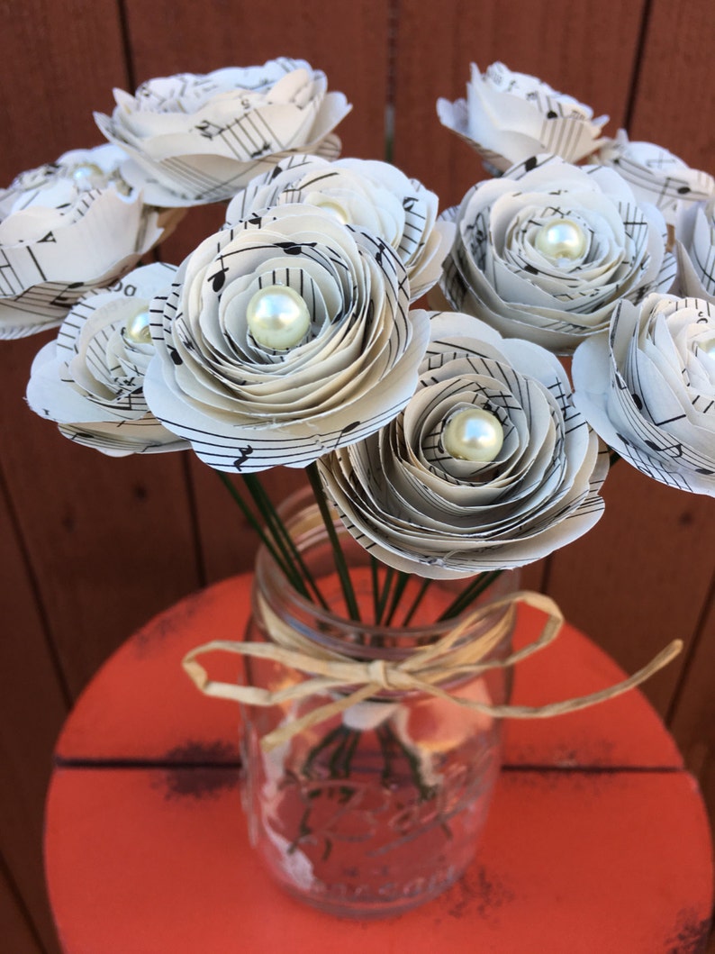 Paper Flowers Paper Flowers with Pearls Musical Sheets-Music Note Paper Flowers Music Sheets Flowers Music Teacher Gift Wedding Decor