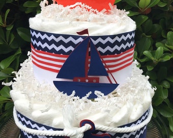Nautical Diaper Cake- Baby Sailor Diaper Cake- 2 Tier Diaper Cake- Nautical Baby Shower- Sailor Diaper Cake -Baby Boy Diaper Cake