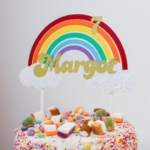 Topper per torta arcobaleno personalizzato, decorazione di compleanno, tema arcobaleno e nuvole, festa arcobaleno per bambini