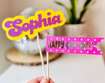 Personalised Cake Topper, Name & Happy Birthday Flag, Birthday Decoration, Kids Party, Glitter, Boys, Girls