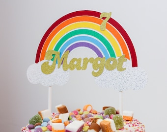 Personalised Rainbow Cake Topper, Birthday Decoration, Rainbow & Clouds Theme, Kids Rainbow Party
