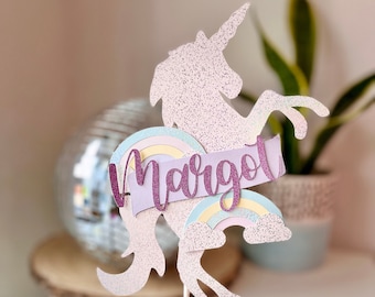 Personalised Unicorn Cake Topper, Name, Rainbows, Birthday Decoration, Kids Party, Glitter, Boys, Girls
