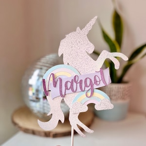 Personalised Unicorn Cake Topper, Name, Rainbows, Birthday Decoration, Kids Party, Glitter, Boys, Girls