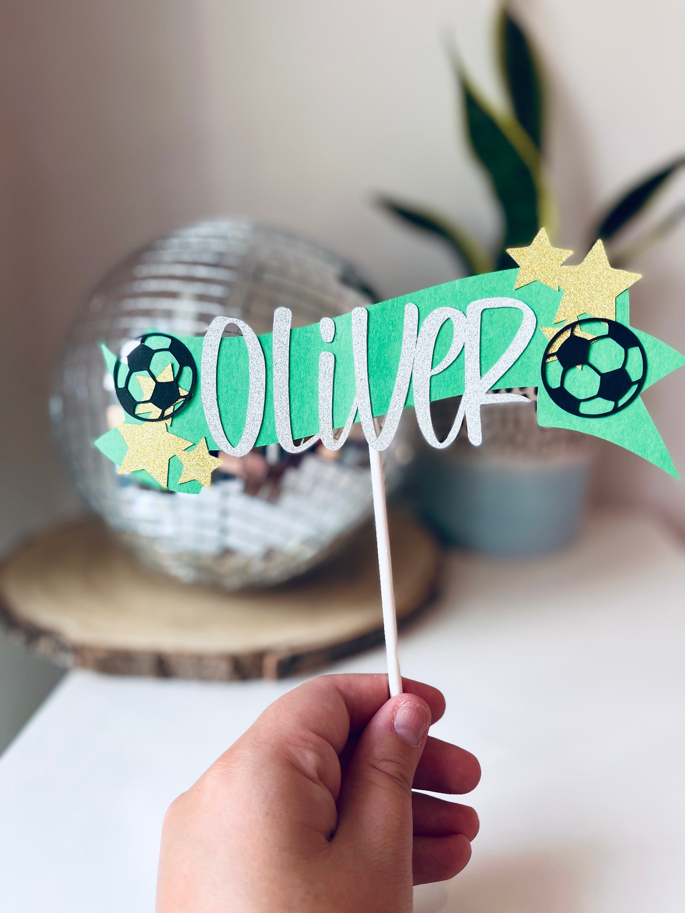 Personalised Football Cake Topper, Banner, Name, Football & Stars, Birthday Decoration, Kids Party, Glitter, Boys, Girls
