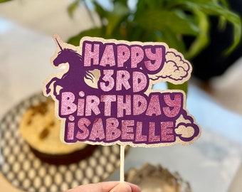 Personalisierte Cake Topper, Einhorn Thema, erster Geburtstag, rosa, lila, Name Geburtstag Dekoration, Kinder Party, Glitter, Jungen, Mädchen, Fantasie