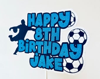 Personalised Cake Topper, Football Theme, First Birthday, Blue, Name Birthday Decoration, Kids Party, Glitter, Boys, Girls, Soccor