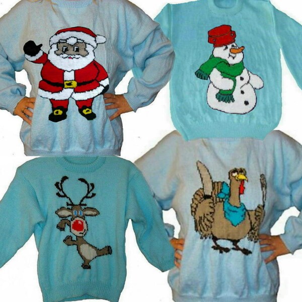 4 x Childrens & Adults Christmas Jumper Knitting Patterns #17 Rudolph Santa Snowman Turkey PDF Instant Download Xmas 24 - 40" Chest
