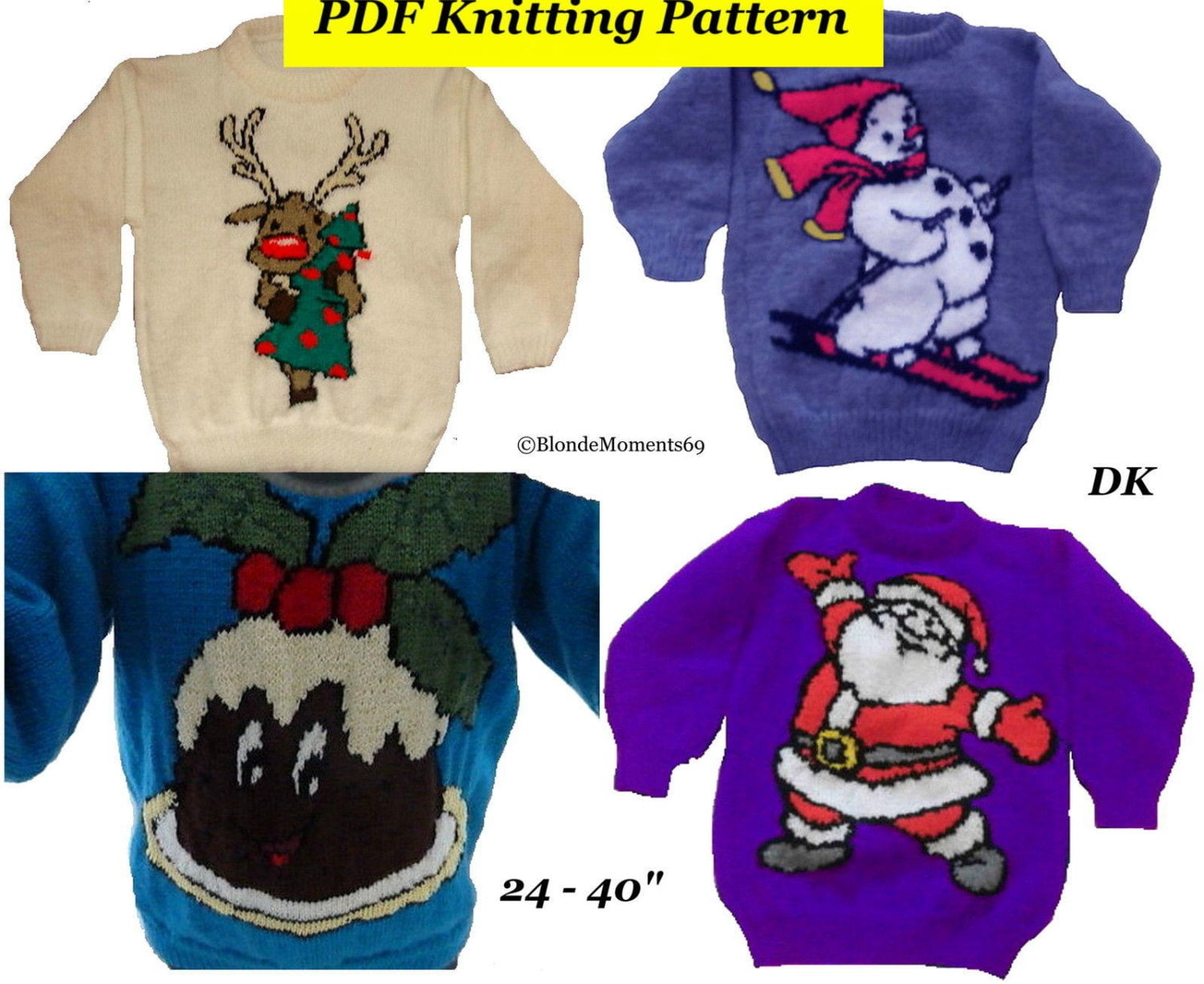 4 X Childrens & Adults Christmas Jumper Knitting Patterns 12 Rudolph