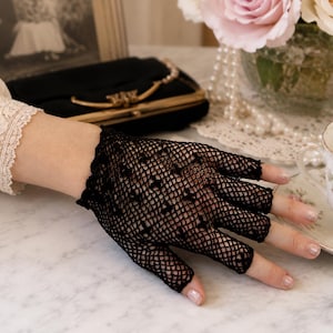 Half Finger Black Hand Crocheted Dress Gloves - Cotton Reenactment, Costume