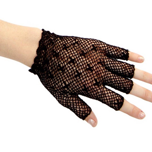 Half Finger Black Hand Crocheted Dress Gloves - Cotton Reenactment, Costume