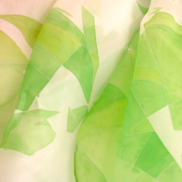 Hand Painted Silk Scarf - shattering green shards lime white brillant geometric shawl luxury scarf