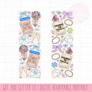 May include: Two digital printable bookmarks with a light pink background. One bookmark features a book titled "Fake Dating" and the other says "Friends to Lovers". Both have bows, flowers, butterflies, and other graphics.