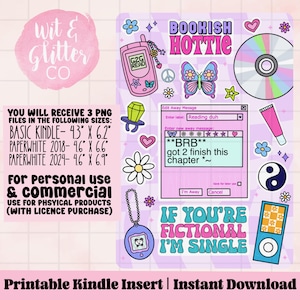 May include: A digital download featuring a collection of stickers with a pastel aesthetic. Designs include a butterfly, a CD, a Tamagotchi, and text that reads "Bookish Hottie" and "If you're fictional I'm single". Includes sizes for Kindle devices.