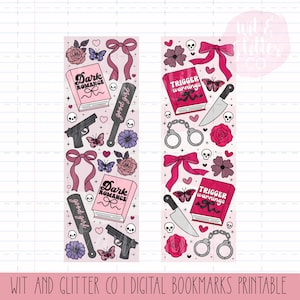 Peut inclure: Deux marque-pages numériques imprimables sur fond rose clair. L'un présente un livre intitulé "Dark Romance", un pistolet et une pagaie. L'autre a un livre intitulé "Trigger Warnings", un couteau et des menottes. Les deux ont des nœuds, des papillons et des crânes.