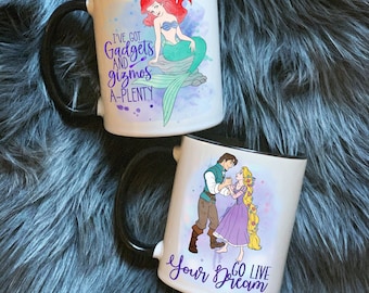 Taza de café de Ariel y Rapunzel / Diseño estampado de princesas Disney