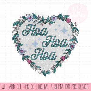 May include: A heart-shaped design with the word "Hoa" repeated three times in teal script. The heart is surrounded by a floral wreath with blue, purple, and white flowers and green leaves. Light blue star shapes and sparkles fill the heart's interior.