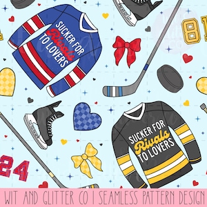 May include: Seamless pattern design featuring hockey jerseys with the text "Sucker for Rivals to Lovers", hockey skates, pucks, and hockey sticks. The design includes hearts and bows in red, yellow, and blue on a light blue background.