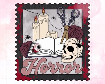 Horror Book Stamp PNG: Skull, Candles, Roses (Digital File)