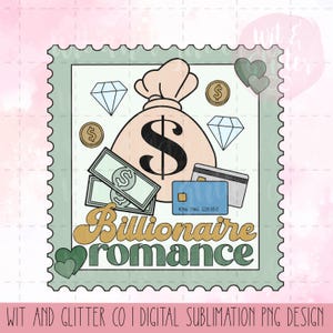 Könnte beinhalten: Ein grünes und weißes Briefmarken-Design mit einer Cartoon-Illustration eines Geldbeutels, Diamanten, Dollarzeichen und einer Kreditkarte. Der Text "Billionaire romance" ist in goldener und grüner Schrift geschrieben.