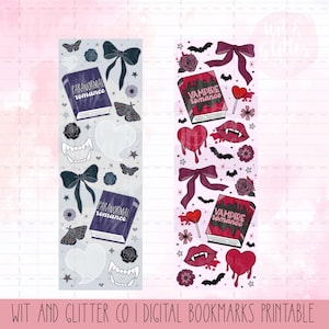 May include: Two printable digital bookmarks with a gothic theme. One bookmark is light grey with a purple book that says "Paranormal Romance". The other is light pink with a red book that says "Vampire Romance". Both have bows, hearts, and bats.