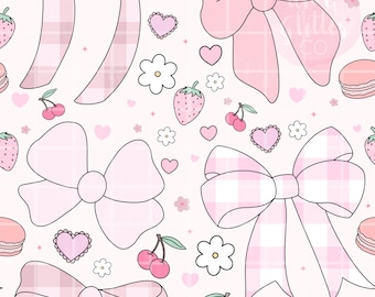 Pink Bows Strawberries Seamless Pattern: Coquette Digital Paper (PNG Digital File)